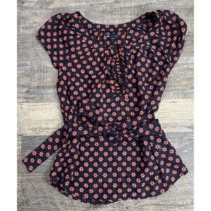 Ann Taylor LOFT Bouquet Ruffle Shell Top Blouse Floral Medium Semi Sheer Career